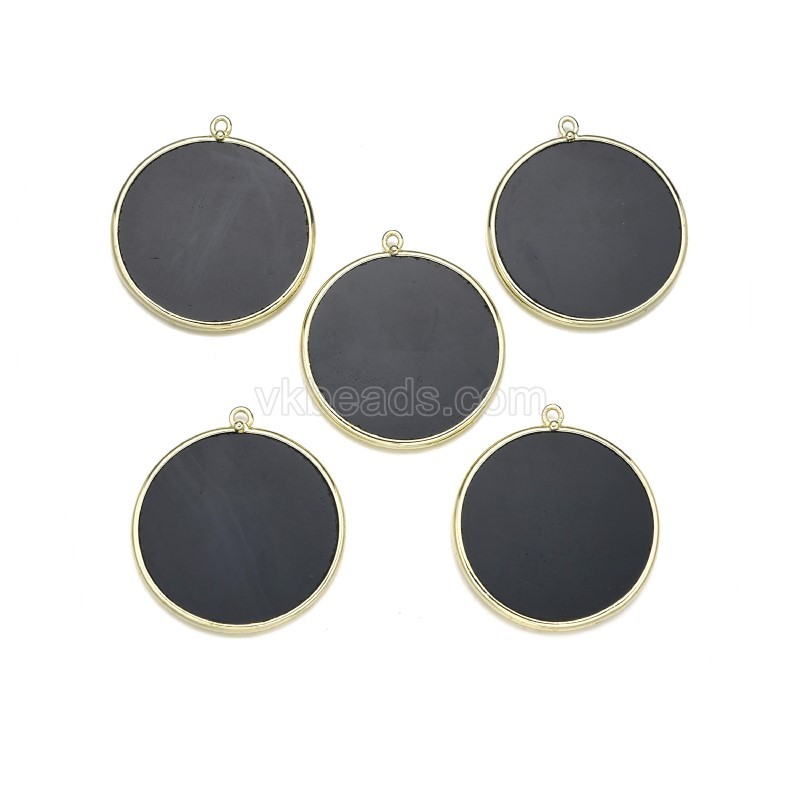 Gemstone Smooth Flat Round Pendant Charms, with Gold Plated Base Metal Findings, Approx 30mm, Sell by Piece