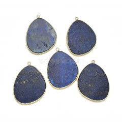 Gemstone Smooth Flat Egg Pendant Charms, with Gold Plated Base Metal Findings, Approx 30x38mm, Sell by Piece