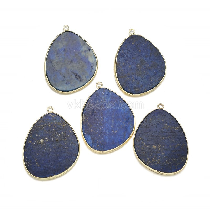 Gemstone Smooth Flat Egg Pendant Charms, with Gold Plated Base Metal Findings, Approx 30x38mm, Sell by Piece