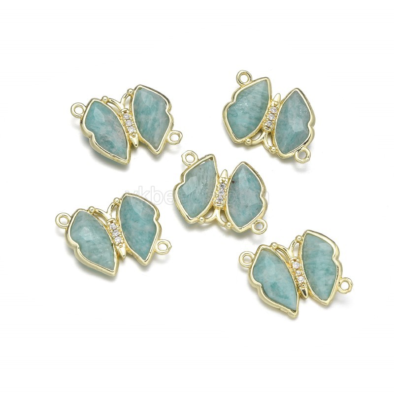Gemstone Faceted Butterfly Diagonally Double Rings Connectors, with Micro Pave CZ Gold Plated Base Metal Findings, Approx 21x24mm, Sell by Piece