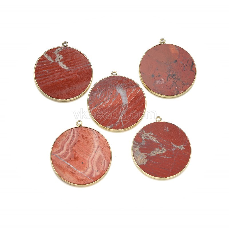Gemstone Smooth Flat Round Pendant Charms, with Gold Plated Base Metal Findings, Approx 30mm, Sell by Piece