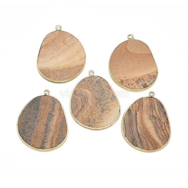 Gemstone Smooth Flat Egg Pendant Charms, with Gold Plated Base Metal Findings, Approx 27x34mm, Sell by Piece