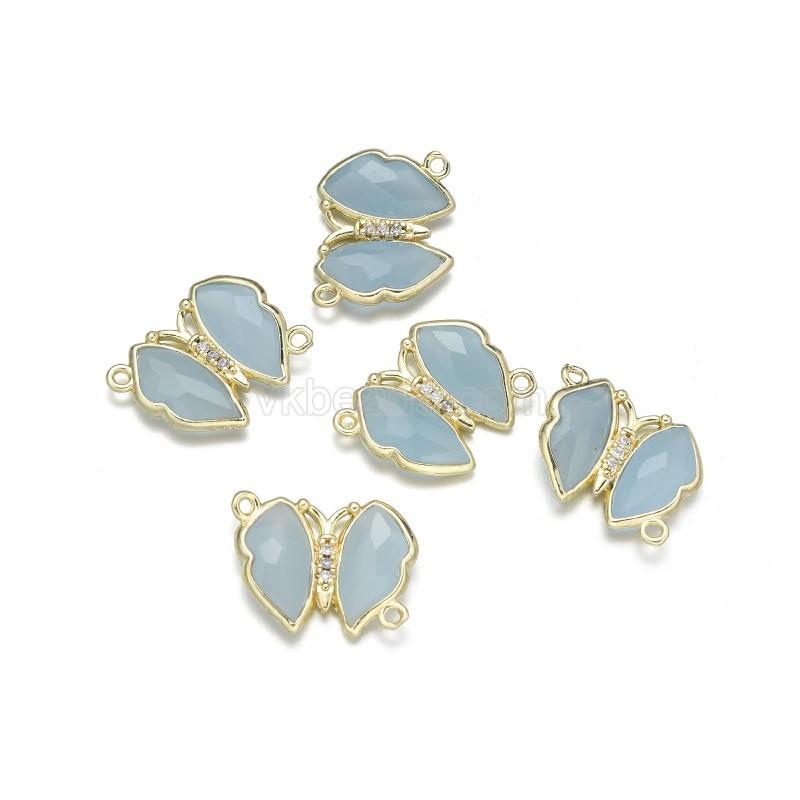 Gemstone Faceted Butterfly Diagonally Double Rings Connectors, with Micro Pave CZ Gold Plated Base Metal Findings, Approx 21x24mm, Sell by Piece