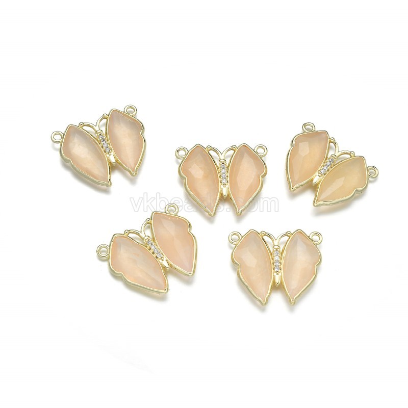 Gemstone Faceted Butterfly Symmetrical Double Rings Connectors, with Micro Pave CZ Gold Plated Base Metal Findings, Approx 21x24mm, Sell by Piece
