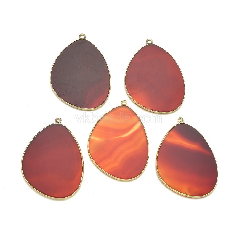 Gemstone Smooth Flat Egg Pendant Charms, with Gold Plated Base Metal Findings, Approx 30x38mm, Sell by Piece