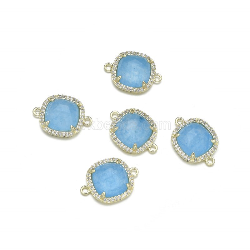 Gemstone Faceted Square Double Rings Connectors, with Micro Pave CZ Gold Plated Base Metal Findings, Approx 13.7mm, Sell by Piece