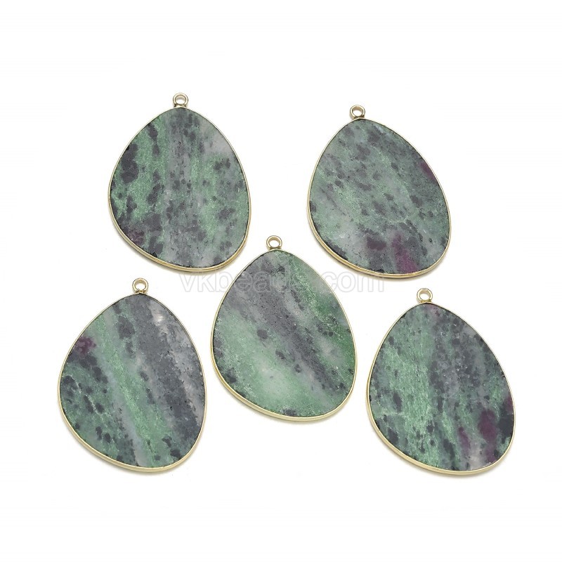 Gemstone Smooth Flat Egg Pendant Charms, with Gold Plated Base Metal Findings, Approx 30x38mm, Sell by Piece