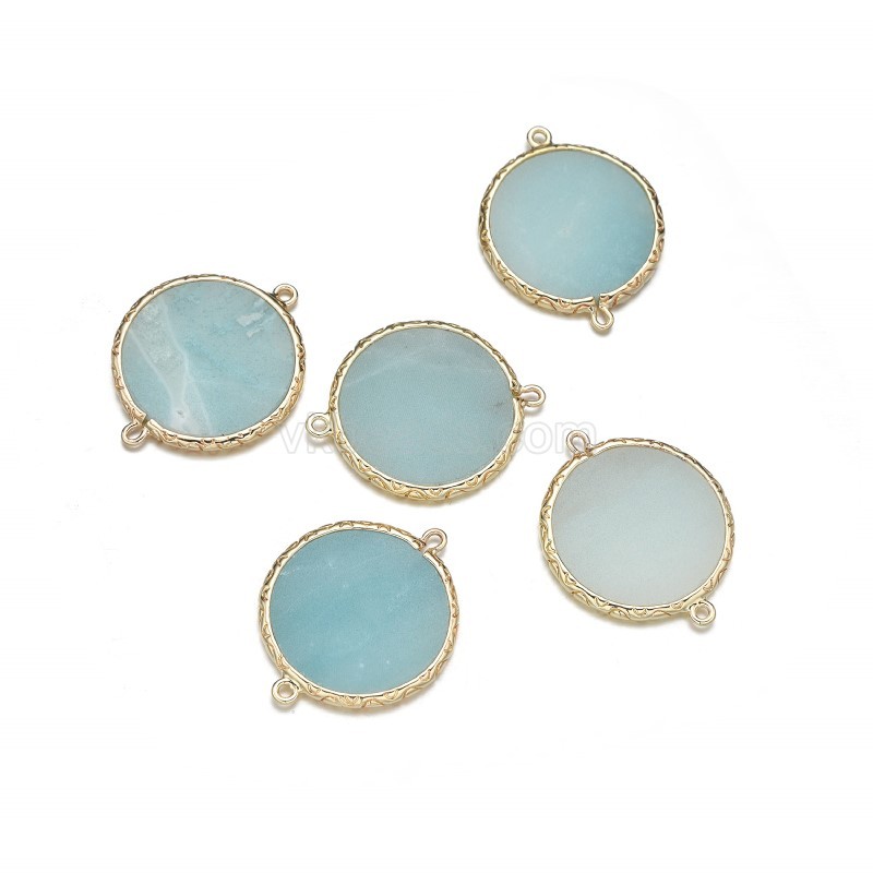 Gemstone Smooth Flat Round Doube Rings Connectors, with Gold Plated Base Metal Findings, Approx 20mm, Sell by Piece