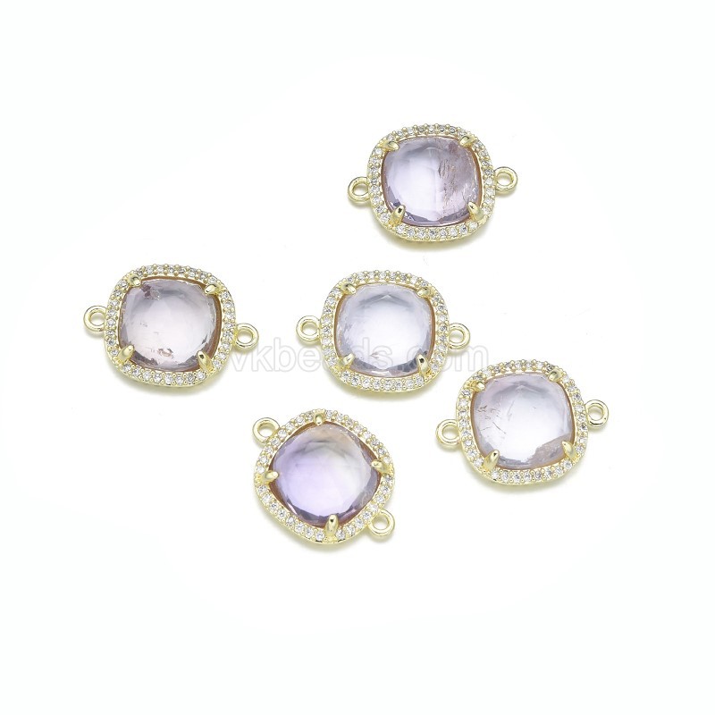 Gemstone Faceted Square Double Rings Connectors, with Micro Pave CZ Gold Plated Base Metal Findings, Approx 13.7mm, Sell by Piece