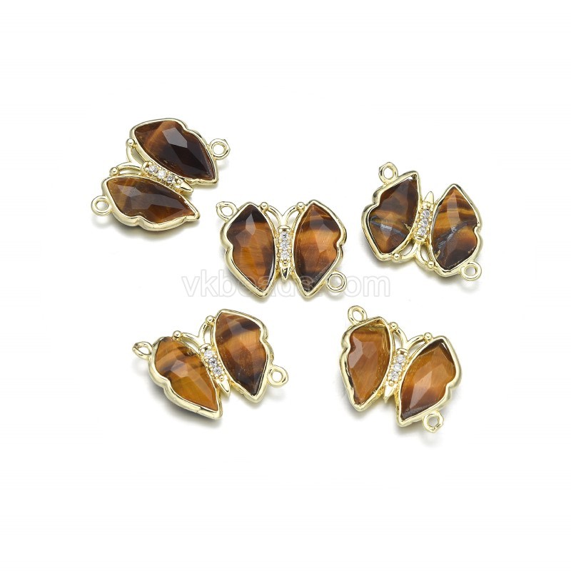 Gemstone Faceted Butterfly Diagonally Double Rings Connectors, with Micro Pave CZ Gold Plated Base Metal Findings, Approx 21x24mm, Sell by Piece