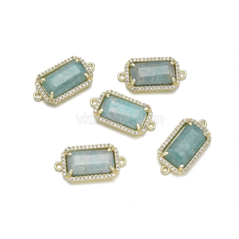 Gemstone Faceted Retangle Double Rings Connectors, with Micro Pave CZ Gold Plated Base Metal Findings, Approx 12x23.5mm, Sell by Piece