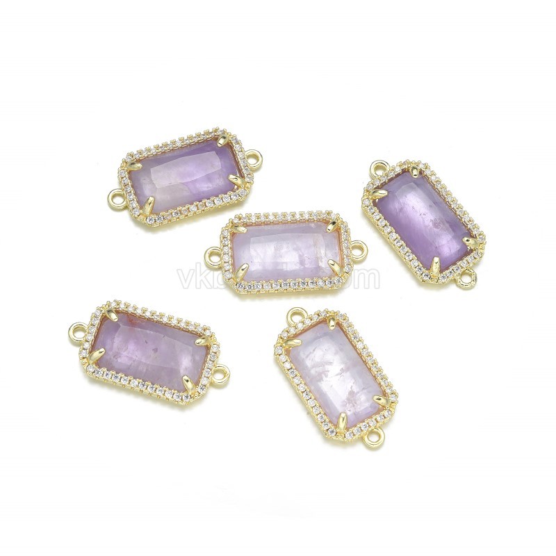 Gemstone Faceted Retangle Double Rings Connectors, with Micro Pave CZ Gold Plated Base Metal Findings, Approx 12x23.5mm, Sell by Piece