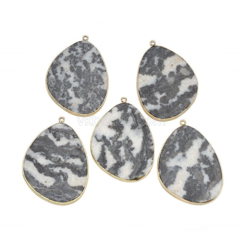 Gemstone Smooth Flat Egg Pendant Charms, with Gold Plated Base Metal Findings, Approx 30x38mm, Sell by Piece