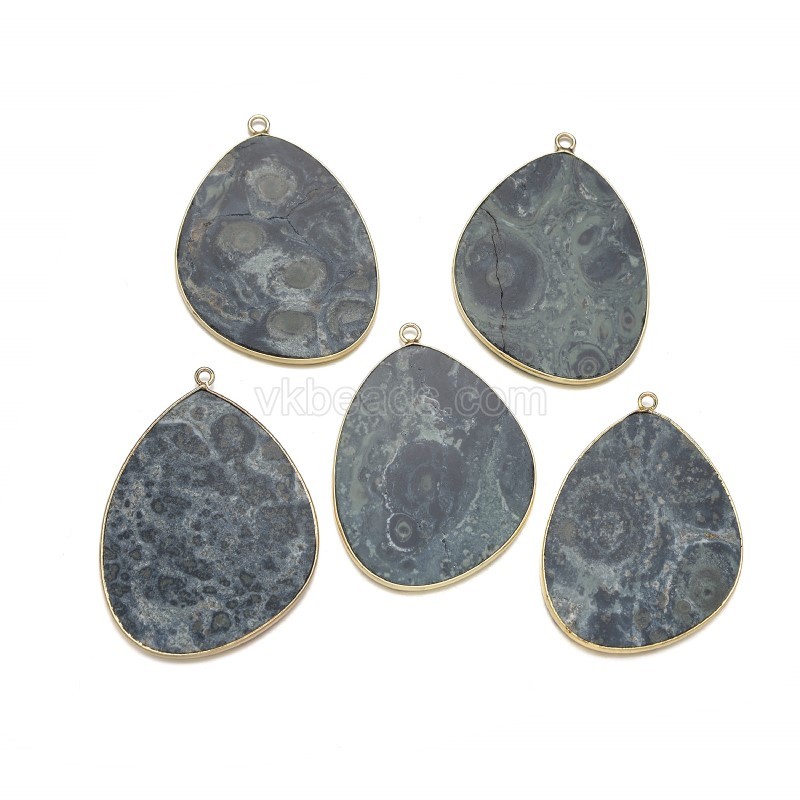 Gemstone Smooth Flat Egg Pendant Charms, with Gold Plated Base Metal Findings, Approx 30x38mm, Sell by Piece
