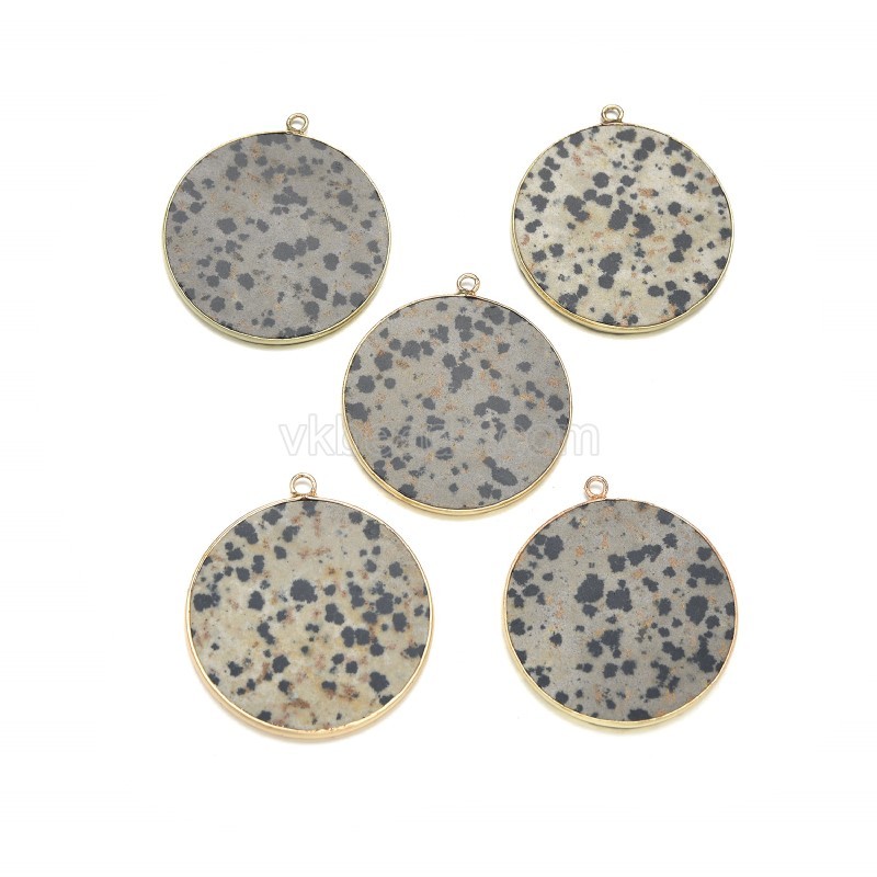 Gemstone Smooth Flat Round Pendant Charms, with Gold Plated Base Metal Findings, Approx 30mm, Sell by Piece