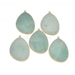 Gemstone Smooth Flat Egg Pendant Charms, with Gold Plated Base Metal Findings, Approx 30x38mm, Sell by Piece