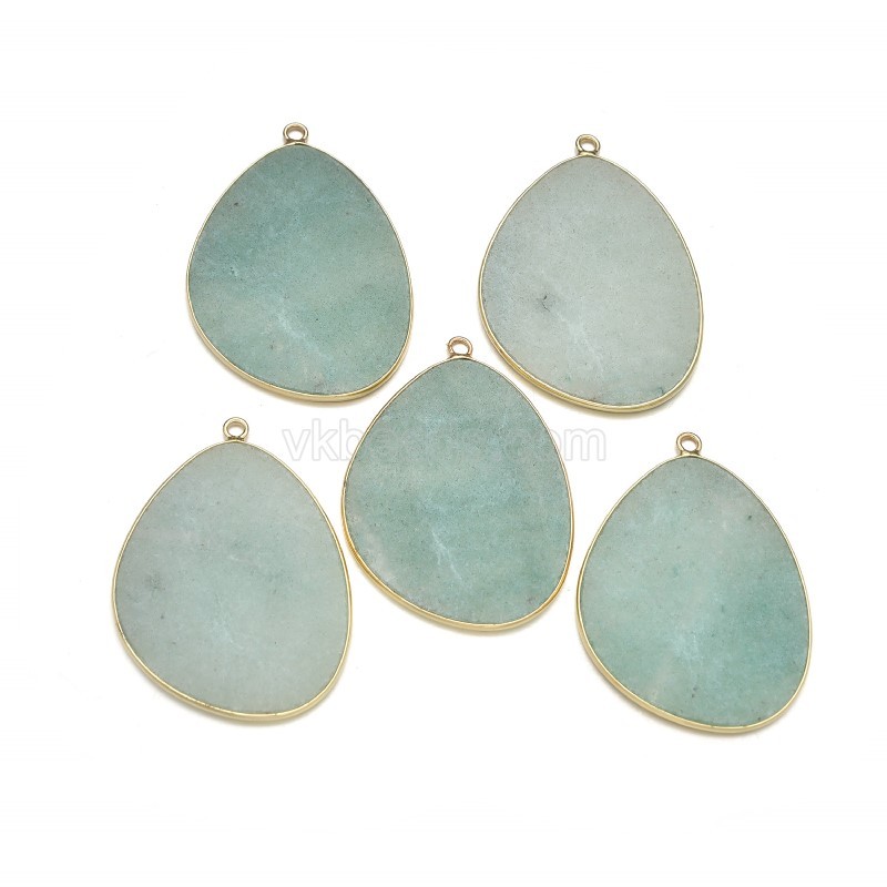 Gemstone Smooth Flat Egg Pendant Charms, with Gold Plated Base Metal Findings, Approx 30x38mm, Sell by Piece