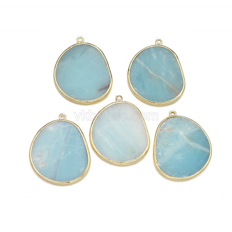 Gemstone Smooth Flat Egg Pendant Charms, with Gold Plated Base Metal Findings, Approx 27x34mm, Sell by Piece