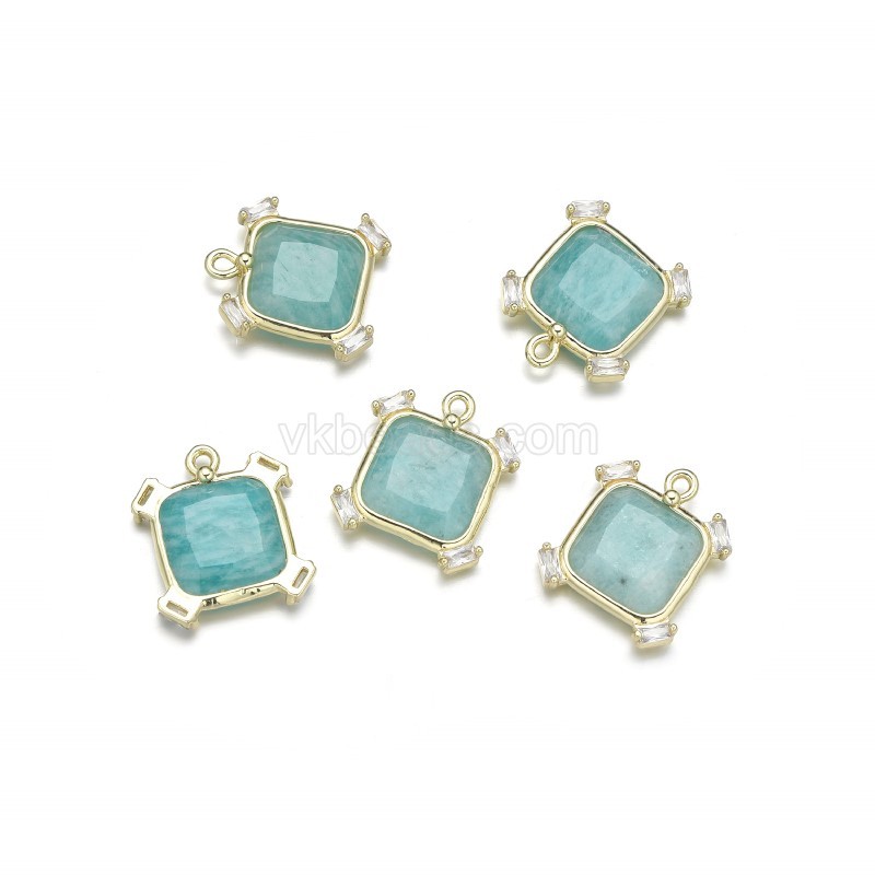 Gemstone Faceted Square Charms, with Micro Pave CZ Gold Plated Base Metal Findings, Approx 14mm, Sell by Piece