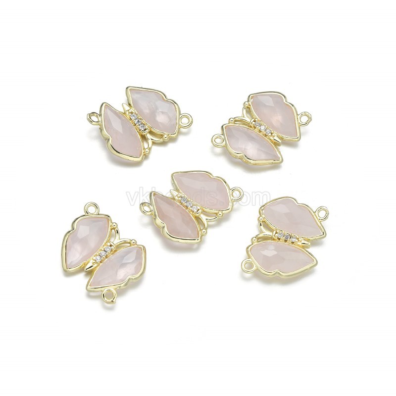 Gemstone Faceted Butterfly Diagonally Double Rings Connectors, with Micro Pave CZ Gold Plated Base Metal Findings, Approx 21x24mm, Sell by Piece