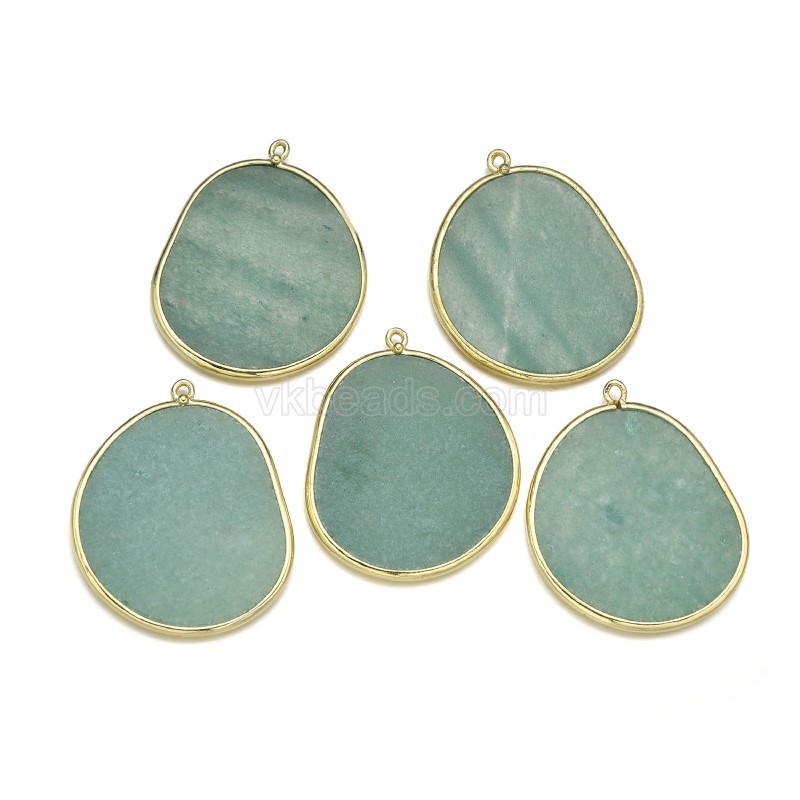 Gemstone Smooth Flat Egg Pendant Charms, with Gold Plated Base Metal Findings, Approx 27x34mm, Sell by Piece