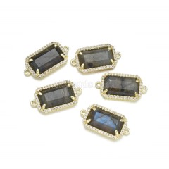 Gemstone Faceted Retangle Double Rings Connectors, with Micro Pave CZ Gold Plated Base Metal Findings, Approx 12x23.5mm, Sell by Piece