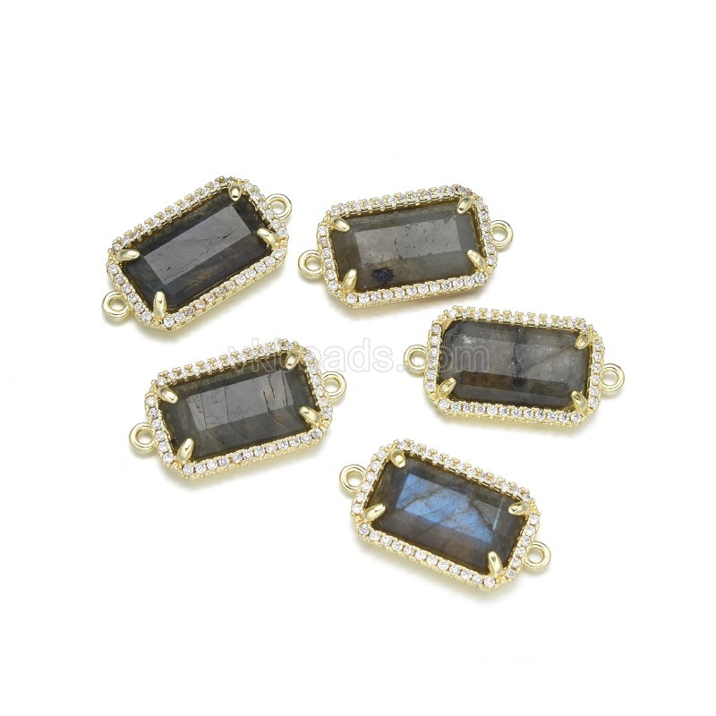 Gemstone Faceted Retangle Double Rings Connectors, with Micro Pave CZ Gold Plated Base Metal Findings, Approx 12x23.5mm, Sell by Piece