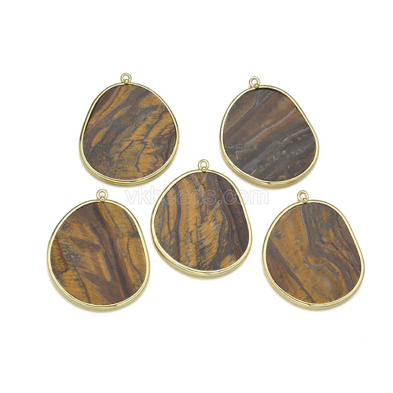 Gemstone Smooth Flat Egg Pendant Charms, with Gold Plated Base Metal Findings, Approx 27x34mm, Sell by Piece