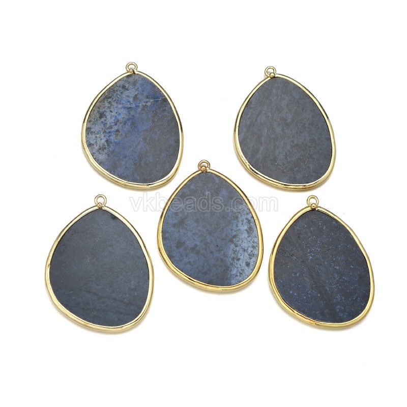 Gemstone Smooth Flat Egg Pendant Charms, with Gold Plated Base Metal Findings, Approx 30x38mm, Sell by Piece