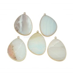 Gemstone Smooth Flat Egg Pendant Charms, with Gold Plated Base Metal Findings, Approx 30x38mm, Sell by Piece