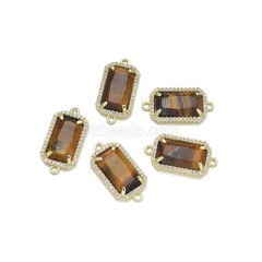 Gemstone Faceted Retangle Double Rings Connectors, with Micro Pave CZ Gold Plated Base Metal Findings, Approx 12x23.5mm, Sell by Piece
