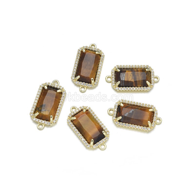 Gemstone Faceted Retangle Double Rings Connectors, with Micro Pave CZ Gold Plated Base Metal Findings, Approx 12x23.5mm, Sell by Piece