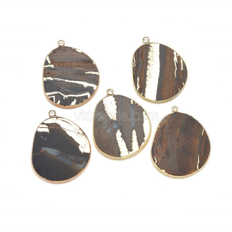 Gemstone Smooth Flat Egg Pendant Charms, with Gold Plated Base Metal Findings, Approx 27x34mm, Sell by Piece