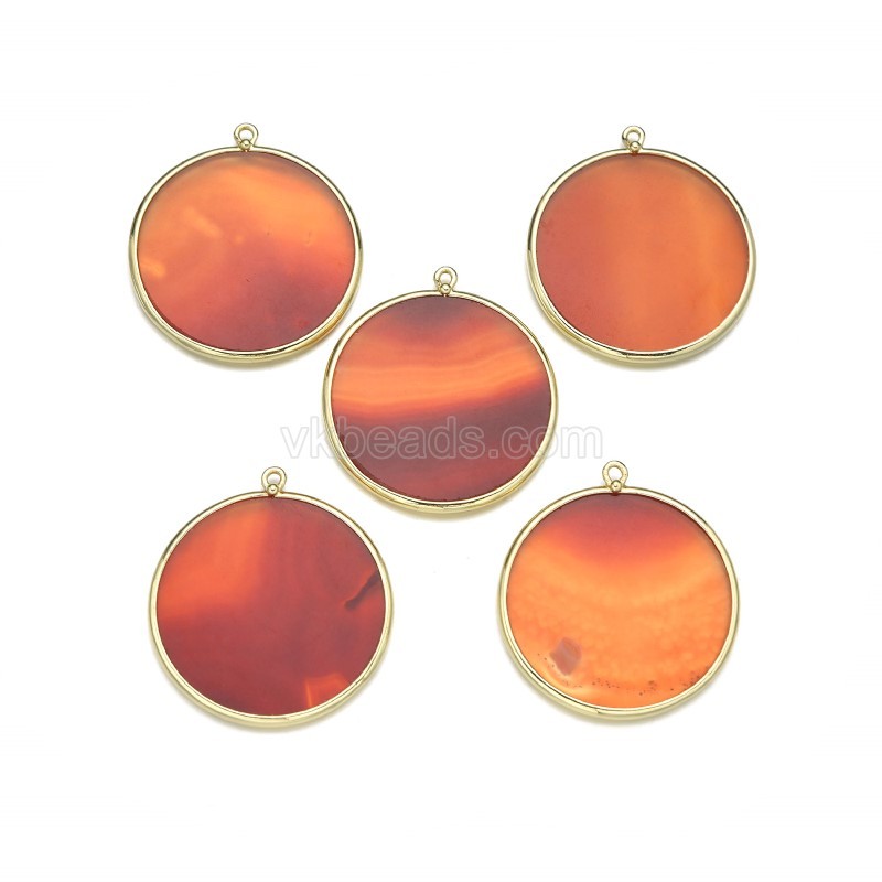 Gemstone Smooth Flat Round Pendant Charms, with Gold Plated Base Metal Findings, Approx 30mm, Sell by Piece