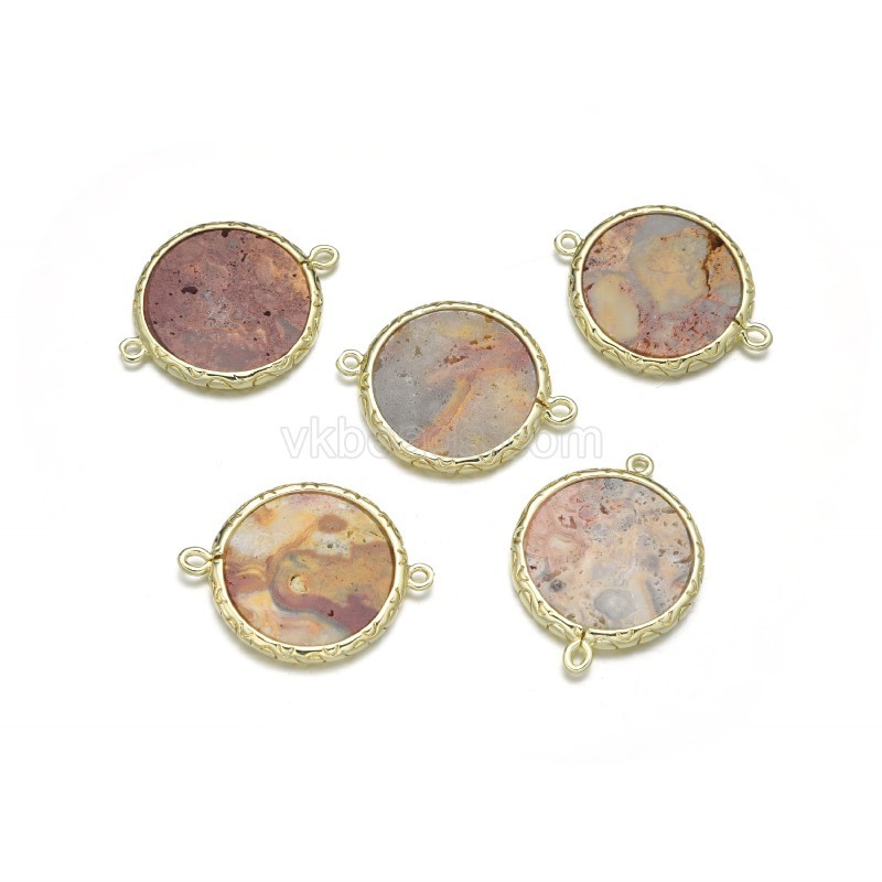 Gemstone Smooth Flat Round Doube Rings Connectors, with Gold Plated Base Metal Findings, Approx 20mm, Sell by Piece