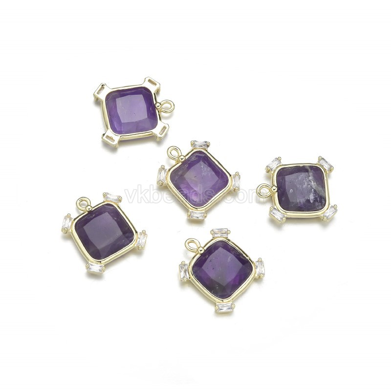 Gemstone Faceted Square Charms, with Micro Pave CZ Gold Plated Base Metal Findings, Approx 14mm, Sell by Piece