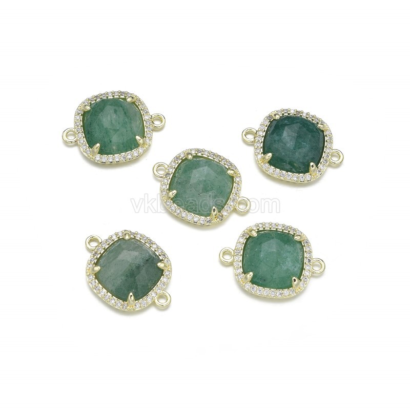 Gemstone Faceted Square Double Rings Connectors, with Micro Pave CZ Gold Plated Base Metal Findings, Approx 13.7mm, Sell by Piece