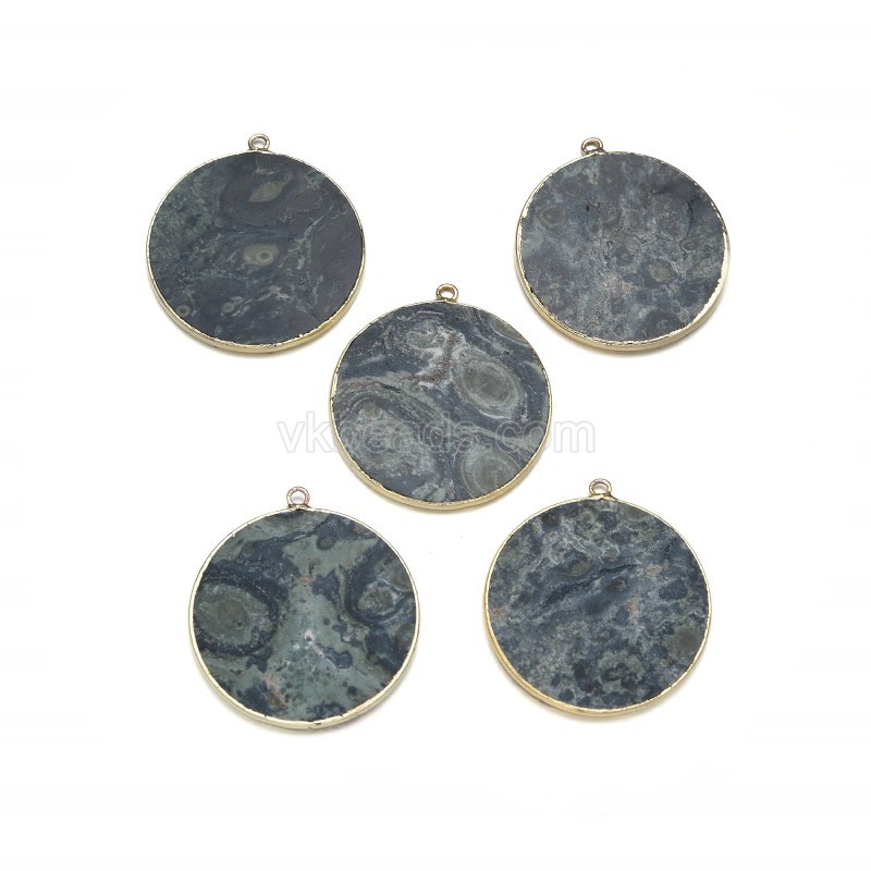 Gemstone Smooth Flat Round Pendant Charms, with Gold Plated Base Metal Findings, Approx 30mm, Sell by Piece