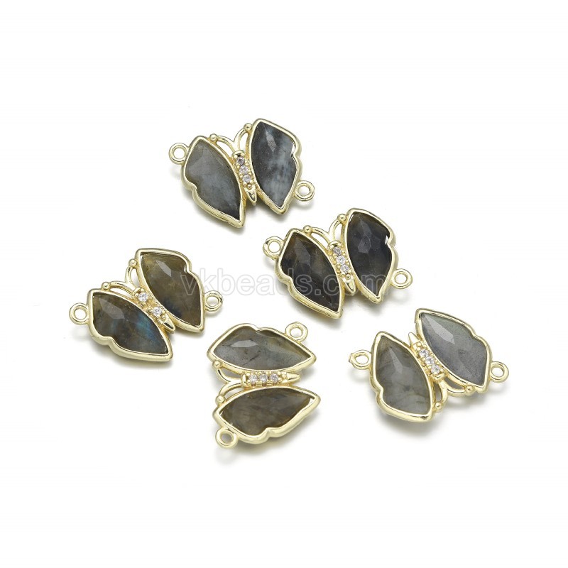 Gemstone Faceted Butterfly Diagonally Double Rings Connectors, with Micro Pave CZ Gold Plated Base Metal Findings, Approx 21x24mm, Sell by Piece