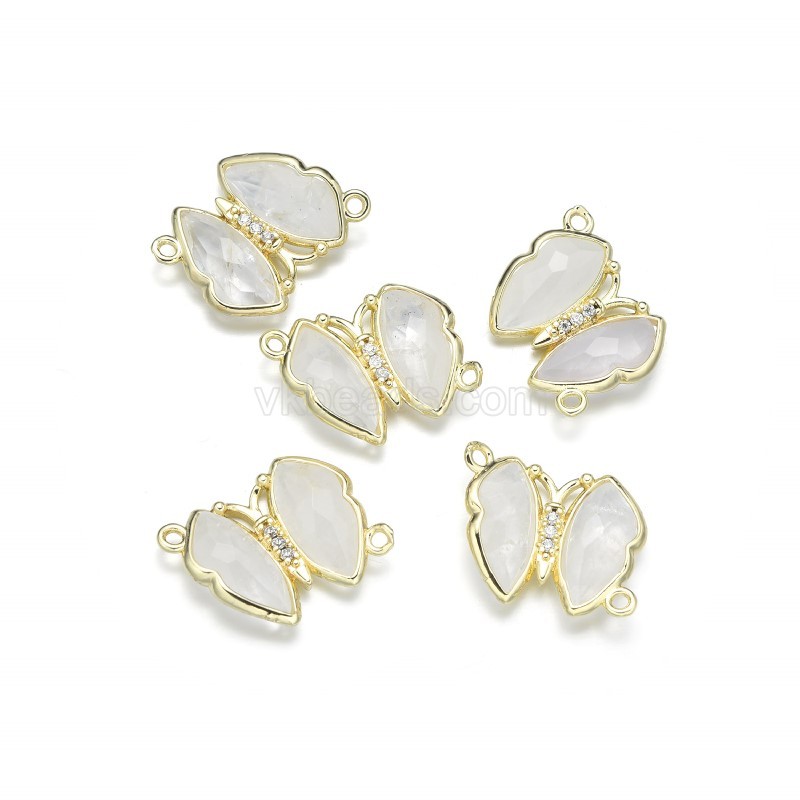 Gemstone Faceted Butterfly Diagonally Double Rings Connectors, with Micro Pave CZ Gold Plated Base Metal Findings, Approx 21x24mm, Sell by Piece