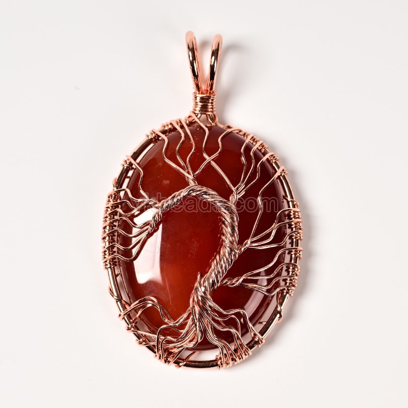 Natural Gemstone Smooth Oval Pendants, Base Metal Wire Wrapped Tree of Life, Approx 30x40mm, Sell by Piece