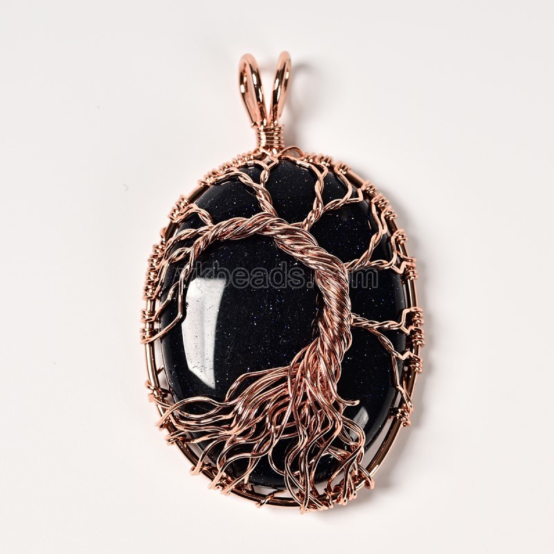 Natural Gemstone Smooth Oval Pendants, Base Metal Wire Wrapped Tree of Life, Approx 30x40mm, Sell by Piece