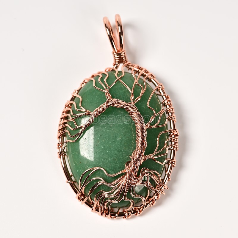 Natural Gemstone Smooth Oval Pendants, Base Metal Wire Wrapped Tree of Life, Approx 30x40mm, Sell by Piece