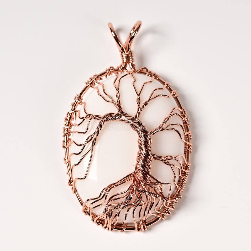 Natural Gemstone Smooth Oval Pendants, Base Metal Wire Wrapped Tree of Life, Approx 30x40mm, Sell by Piece