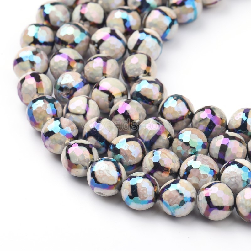 Rainbow Plated White Tibetan dZi Agate with Football Pattern Faceted Rounds, 128 Facets, Approx 8-12mm, 38cm/strand