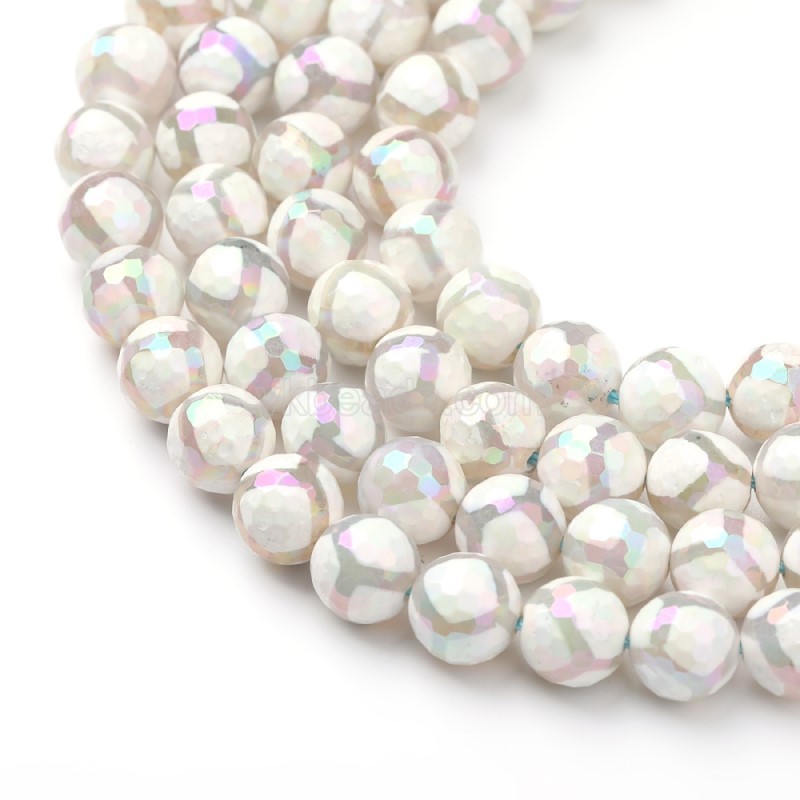 Rainbow Plated White Tibetan dZi Agate with Football Pattern Faceted Rounds, 128 Facets, Approx 8-12mm, 38cm/strand