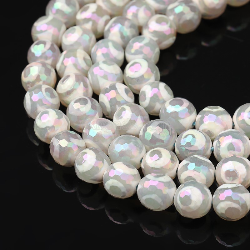 Rainbow Plated White Tibetan dZi Agate with 3-Eye Pattern Faceted Rounds, 128 Facets, Approx 8-12mm, 38cm/strand