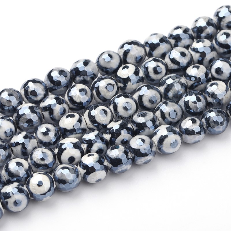 High Luster Plated Black Tibetan dZi Agate with 3-Eye Pattern Faceted Rounds, 128 Facets, Approx 8-12mm, 38cm/strand