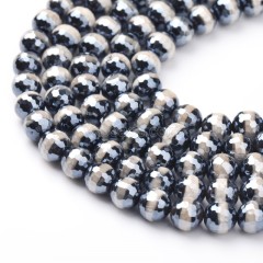 High Luster Plated Black Tibetan dZi Agate with Stripe Pattern Faceted Rounds, 128 Facets, Approx 8-12mm, 38cm/strand