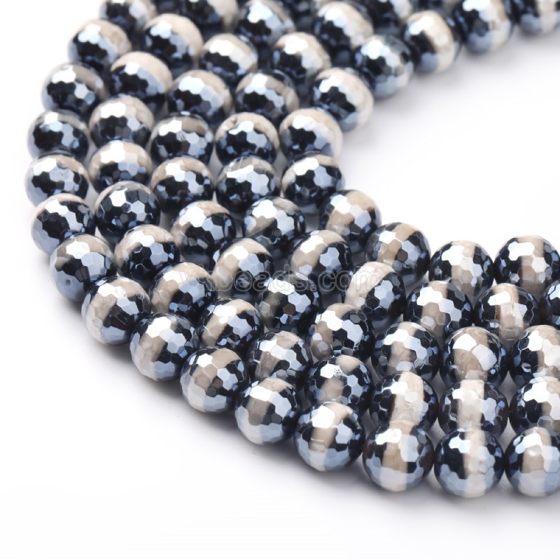 High Luster Plated Black Tibetan dZi Agate with Stripe Pattern Faceted Rounds, 128 Facets, Approx 8-12mm, 38cm/strand